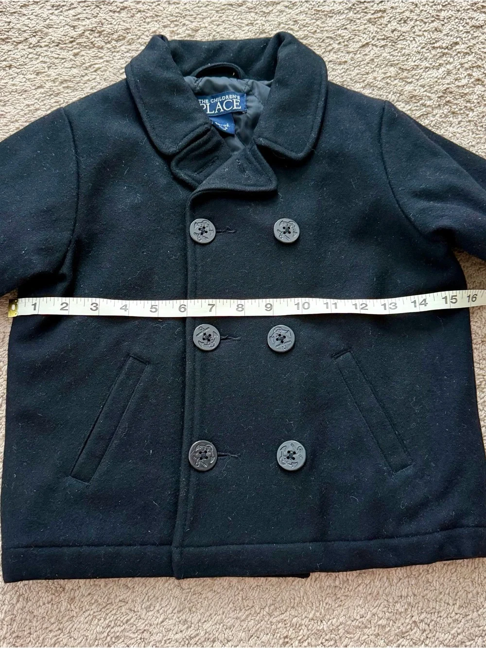 Children’s Place Boys Peacoat Double Breasted Black Size 24 Months Wool